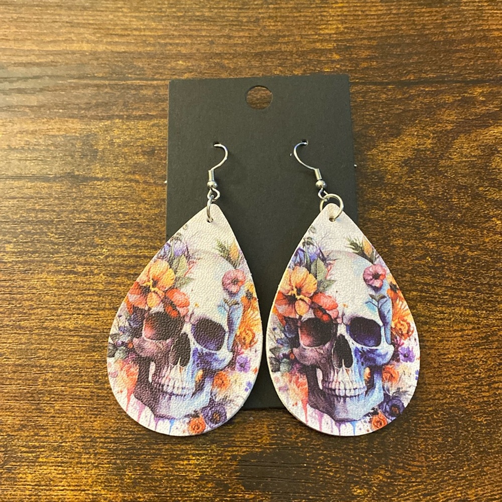 Leather Watercolor Skull Earrings